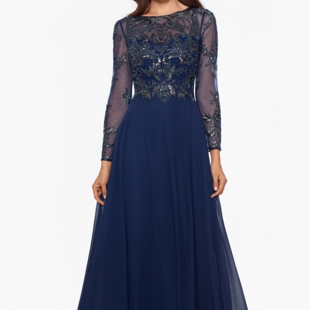 XSCAPE MASON LONG SLEEVE BEADED CHIFFON GOWN